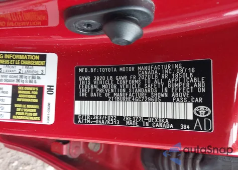 2016 Toyota Corolla S Plus from USA, damaged, VIN 2T1BURHE4GC729605